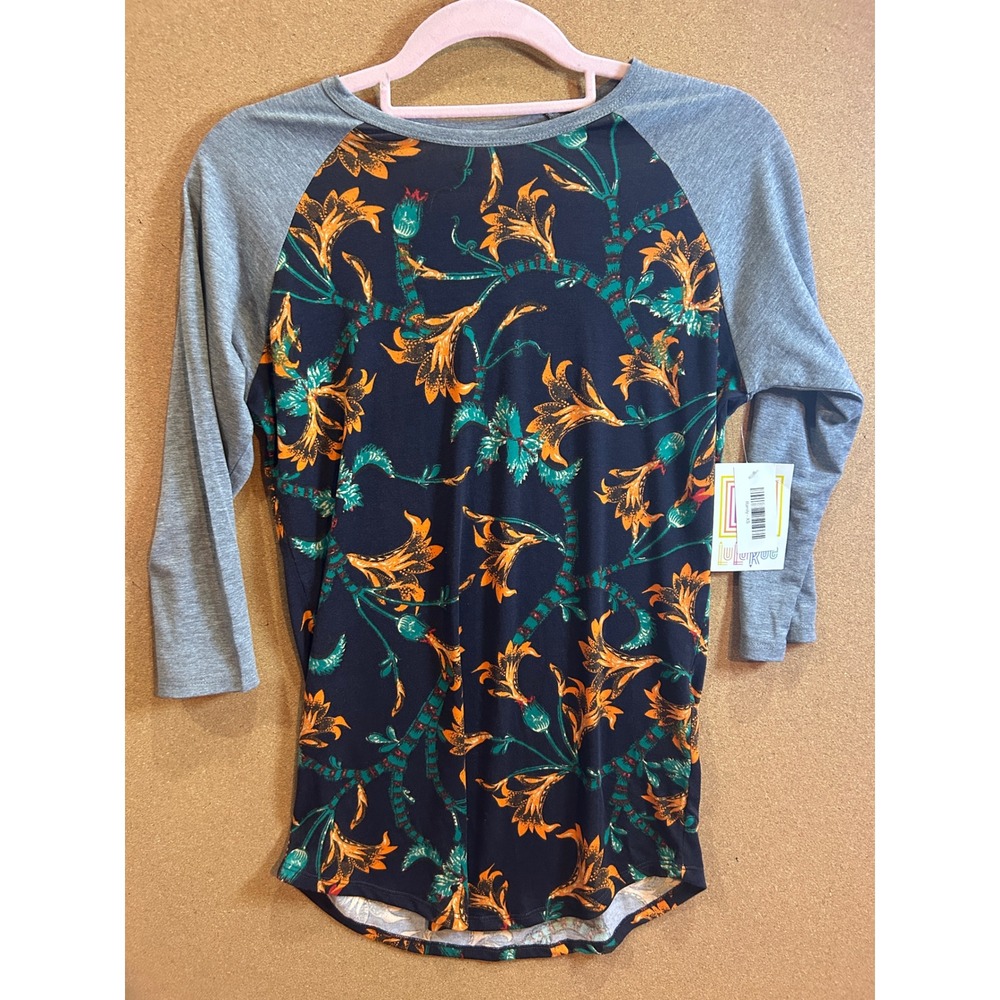 LuLaRoe Randy Baseball Tee Womens XS Navy Gray Orange Floral NWT Raglan Shirt
